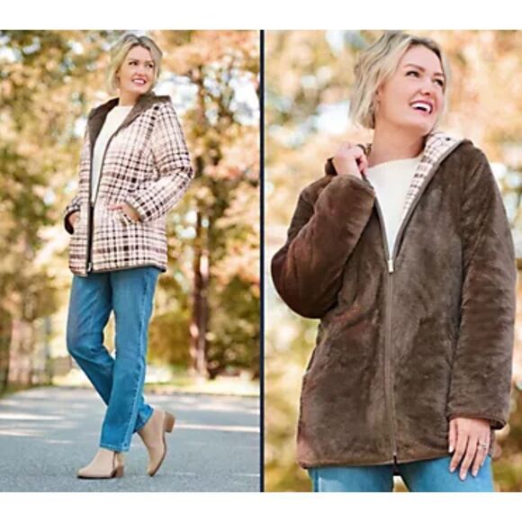 Susan Graver Medium Quilted Fleece Hooded Reversible Jacket Black Patchwork NWOT - Picture 7 of 7